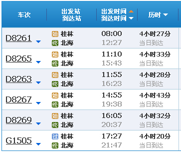 桂林到北海動車時刻表