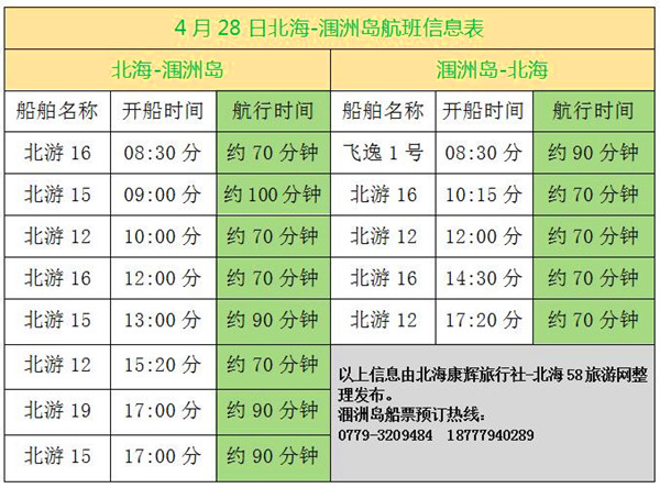 航班時(shí)刻表,北海潿洲島,廣西北海旅行社,