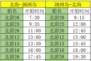 10月4日北海到潿洲島開船時刻表