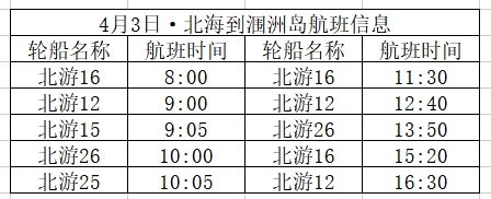 北海到潿洲島開船時刻表