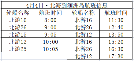 4月4日北海到潿洲島開(kāi)船時(shí)刻表