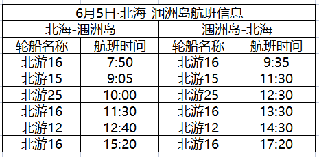 北海到潿洲島開(kāi)船時(shí)刻表