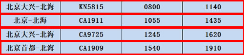 北京到北海飛航班時(shí)刻表